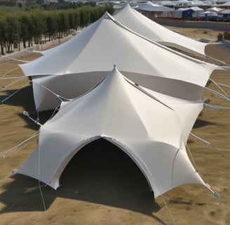 A large, triangular white tent set up on a sprawling green lawn under a partly cloudy sky. The scene includes outdoor furniture like chairs and tables, with some string lights hanging along the edges of the tent. Trees and bushes can be seen in the background.