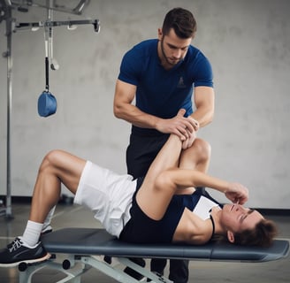 a man is doing a physical exercise on a bench