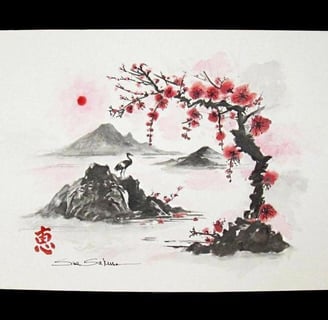 japanese sumi-e sakura watercolor painting