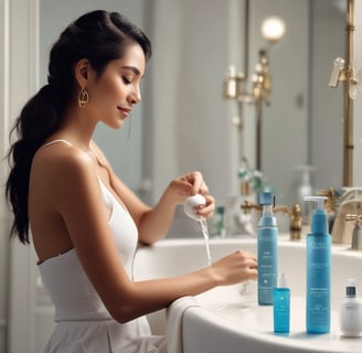 An elegant display in a store features an array of beauty products, including body creams and lotions, set on a wooden table. The product packaging is in shades of pink and peach. A decorative vase with bamboo sticks and rose petals is placed among the products. Advertisements for a new limited edition line are visible, with a poster featuring a woman in a flowing dress. Shelves filled with various skincare products line the walls in the background.