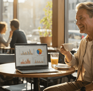 Relaxed business owner with a laptop showing growing business metrics