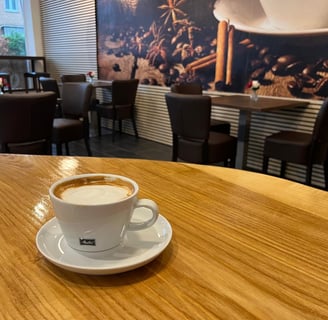 a cup of coffee on a table in a restaurant