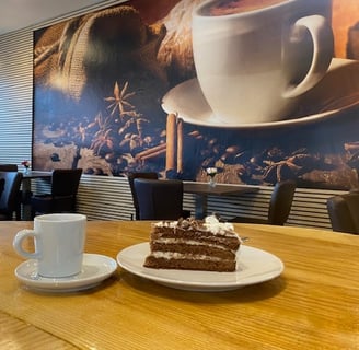 a piece of cake on a table in a restaurant