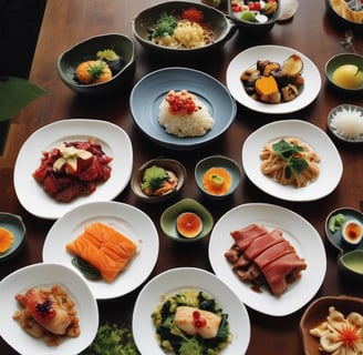 A warmly lit dining setting with various Japanese dishes arranged on wooden trays. In the foreground, a brown wooden bowl is prominently placed, surrounded by small bowls containing different types of food such as salad, rice, and fried items. In the background, people are engaged in conversation.
