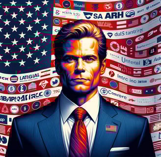Representación de la relación entre empresas y política en Estados Unidos, con logos corporativos sobre la bandera estadounid