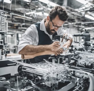 a man in a factory with a glass of wine