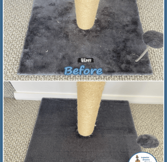 Before and after cleaning of a grey cat scratching post base, showing removed pet hair and dirt.