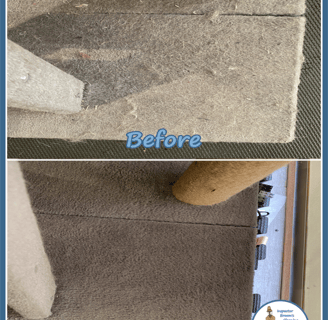 "Before and after cleaning of a beige cat scratching post base, with pet hair and grime removed.