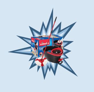 Vileda Easy Wring Turbo Spin Mop with packaging on a blue burst background.