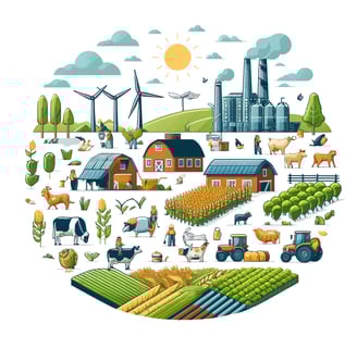 a farm with a windmill and farm animals
