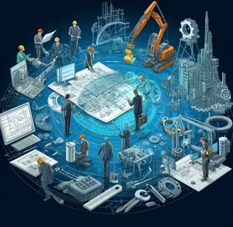 a group of people standing around a large blueprint