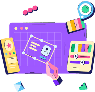 Illustration of a web design interface with tools, color palettes, and a grid layout