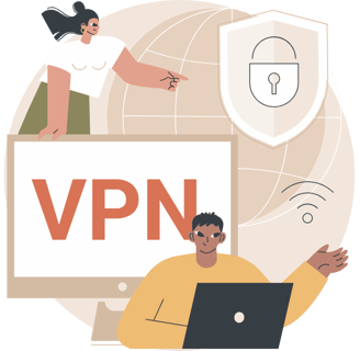 Illustration of a person using a laptop with VPN protection, featuring a lock icon and a shield