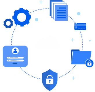 Illustration depicting cloud security and data protection with icons representing files