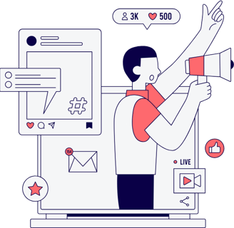 Illustration of a digital marketer with a megaphone emerging from a laptop screen, social media icon
