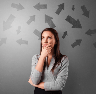 Woman thinking with multiple arrows pointing in different directions, representing decision-making