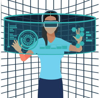 Woman using virtual reality headset interacting with digital interface in a futuristic setting