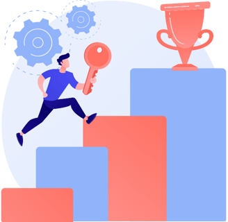 Illustration of a person climbing steps with a key towards a trophy, symbolizing achieving success