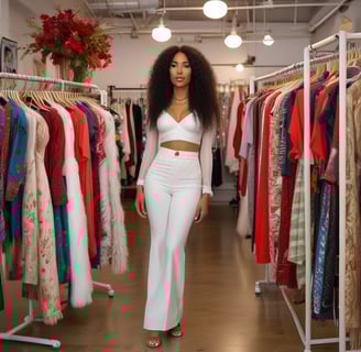 A stylish woman is dressed in a white sequined crop top and red pants, standing in a boutique or clothing store. She has long, wavy hair and is posing confidently beside a clothing rack filled with colorful garments. Nearby, there’s a mannequin wearing a floral dress, and a decorative vase with dried pampas grass adds an elegant touch to the scene.