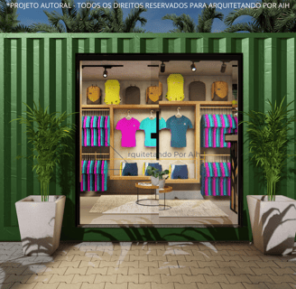 fachada frontal da loja container com porta de vidro