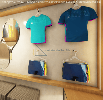 imagem interna de loja container com um expositor de roupas e espelho