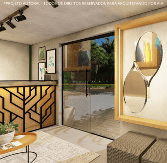Interior da loja container com um balcão de caixa estilizado, com uma figura geométrica