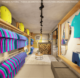 Ambiente interno de uma loja em container, destacando móveis modernos e elegantes.