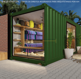Perspectiva da fachada de uma loja em container, com destaque para uma vitrine grande e convidativa