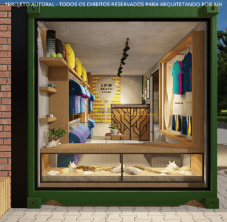 fachada lateral da loja container com uma grande vitrine
