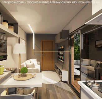 Ambiente interno de uma casa container com sala de estar, jantar e cozinha integradas e uma decoraçã