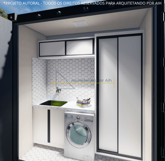 Área de serviço em uma casa container, com espaço para todos os equipamentos necessários e excelente