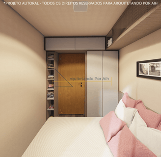 Dormitório confortável em uma casa container, com ótima iluminação natural, cama de casal e armário.