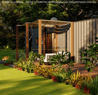 Imagem em perspectiva da fachada da casa container, mostrando amplas janelas e um deck de madeira na