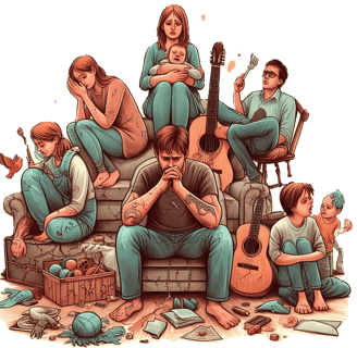 a group of people sitting on a couch with guitars