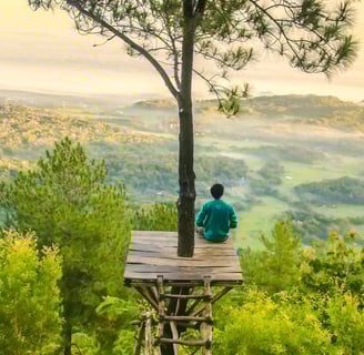 a man sitting on a tree house in the woods instantly boosting his mental health