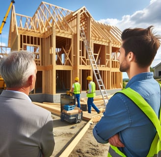 a general contracror and his client standing in front of a house that is being remodeled