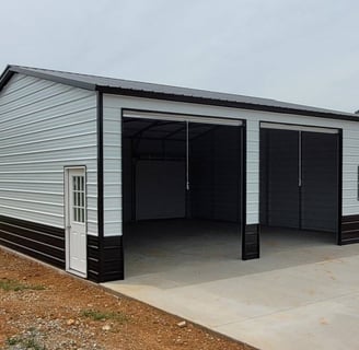 a garage with a garage door and a garage door