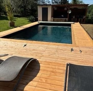 Piscine naturelle, terrasse bois et chaise longue