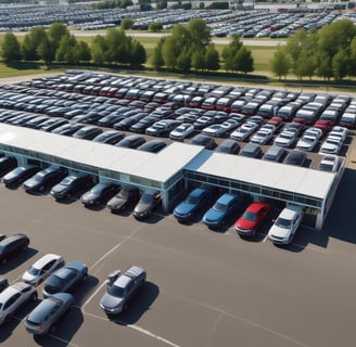 A modern black SUV is parked on a paved area in front of a red advertisement banner. Nearby, there are other cars in white and blue. The setting appears to be an open-air dealership or showroom with a partially visible green canopy in the background.