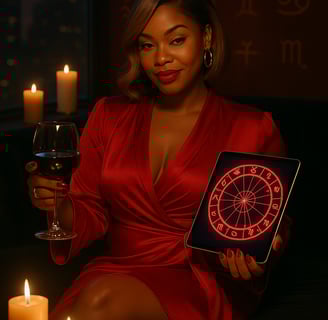 a woman in a red dress holding a wine glass