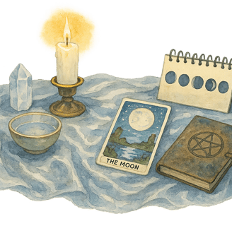 watercolor illustration of a witches altar with silver altar cloth, a white candle, crystal, small b