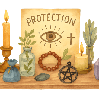 watercolor illustration of an altar full of magical protection items spellboundandstunning.com