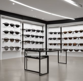 A stylish eyewear store interior featuring a wall shelf with a variety of eyeglasses and decorative items. Above the shelf, a neon sign glows softly with the words 'taste it.' The wall panels are a warm brown color, contrasting with the sleek, modern aesthetic. The foreground includes a display counter with a glass top, set against a patterned tiled floor. A cozy seating arrangement with a small table is visible on the left, and a door labeled 'Opticalab' is on the right side of the image.