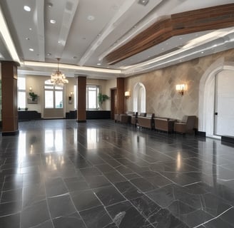 A complex arrangement of pipes, gauges, and valves typically found in a utility or maintenance room. The pipes are labeled for different water types, such as tempered water, domestic hot water, and domestic cold water. Several circular gauges display pressure readings, and there are multiple valves with yellow handles.