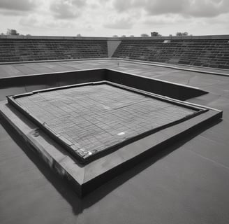 A modern building with a unique architectural design featuring a pattern of geometric brown panels and large windows. Several levels have small balconies. Two workers are suspended by ropes, performing maintenance or cleaning.
