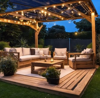 salón de exterior, jardin con luces solares