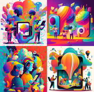 Created with Midjourney using the prompt "colorful illustration of happy artists using technology to
