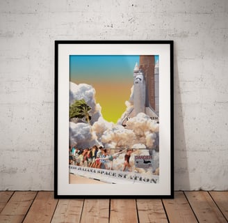 Framed digital artwork showing a space shuttle launch at Princess Juliana Airport, with tourists hol