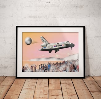 Framed print of shuttle above beachgoers at Maho Beach