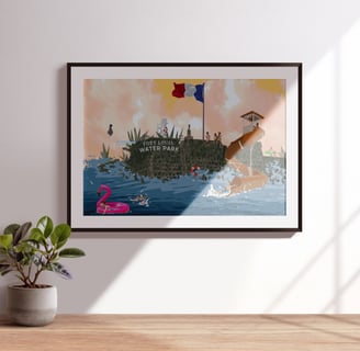Framed artwork featuring children playing near historical ruins that have been turned into a splash